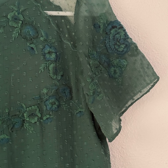 Zara Trafaluc Blouse sz Medium Green Embroidered Ruffle Peplum Top Short Sleeves - Picture 3 of 11